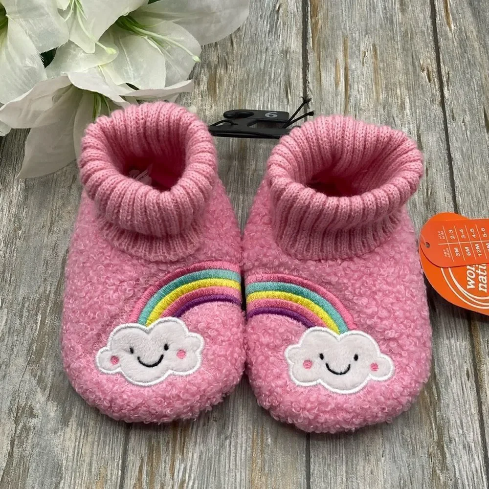 Baby Girls Teddy Knit Rainbow Comfy Soft Slippers Shoes Size 6